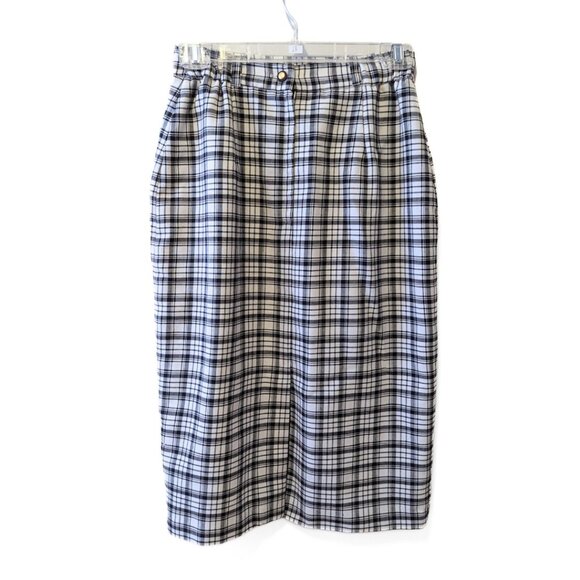 Vintage 90s Plaid Midi Skirt Black White Button Preppy Retro Secretary Size S - Picture 7 of 10